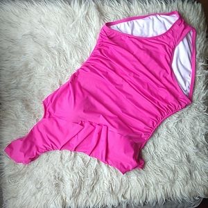 Hilor Bright Barbie Pink Fully Lined One Piece Ruffle One Shoulder Swimsuit